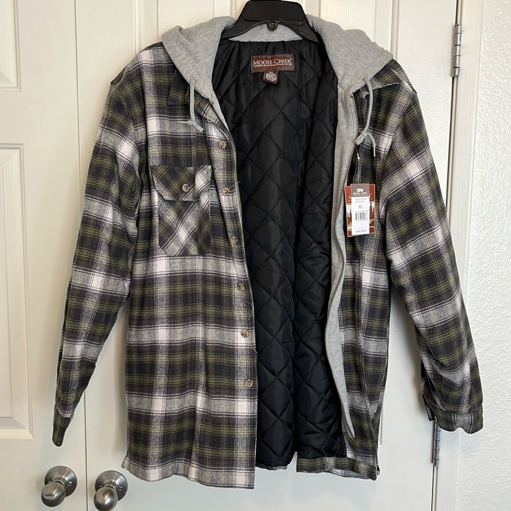Moose Creek Mens Plaid Hooded Jacket L Green Quilted Insulated Work Shacket Full
